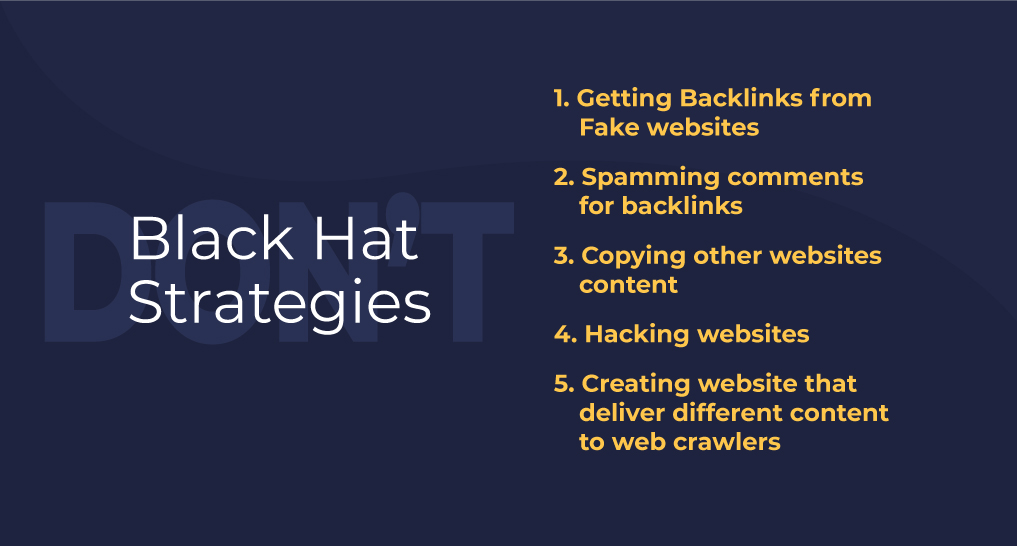 A black box with the words don't lightly in the back with the words black hat strategies on it and on the otherside it says: 1. getting backlinks from fake websites, 2. spamming comments for backlinks, 3. copying other websites content, 4. hacking websites, 5. creating websites that deliver different content to web crawlers