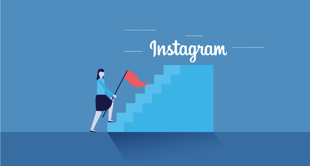 A woman walking up some steps to a landing with the words Instagram on it