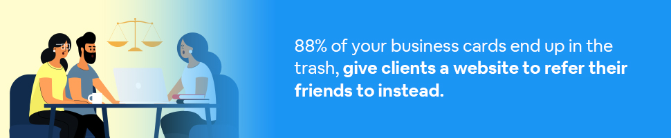 a group of people sitting at a table with a laptop with text: 88% of your business cards end up in the trash, give clients a website to refer their friends to instead.